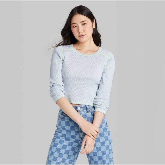 Wild Fable Women's Long Sleeve Slim Fit Baby T-Shirt Light Blue Size M - Picture 1 of 5